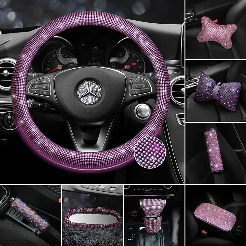 Luxe Details Decoratieve Meisjes Bling Roze Vrouwen Auto-Accessoires Interieurdecoratie Stuurhoes Set