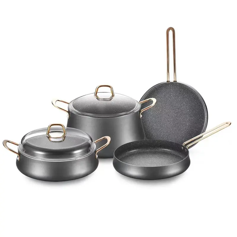 DSFOM 8519 Eco-friendly Aluminum Belly Pot Set Aluminum Kitchen Stock Pot with Gold Handle Color Box Europe Cookware Sets