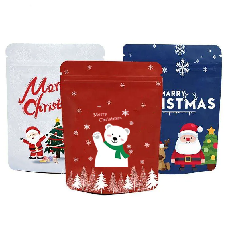 Tas gambar kustom Santa Claus Reindeer Xmas multi-warna Glossy Matte hadiah Natal Mylar Foil berdiri Zip Lock