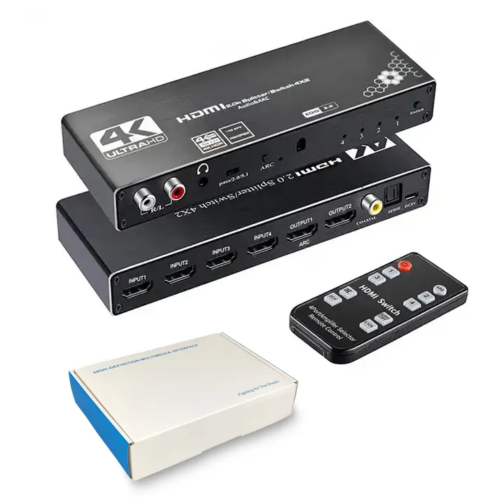 4x2 HDMI 2.0 Audio & ARC Switch 4 in 2 out HDMI Switcher Splitter mit 3.5mm L/R Coaxial Optical Port mit IR Remote Control