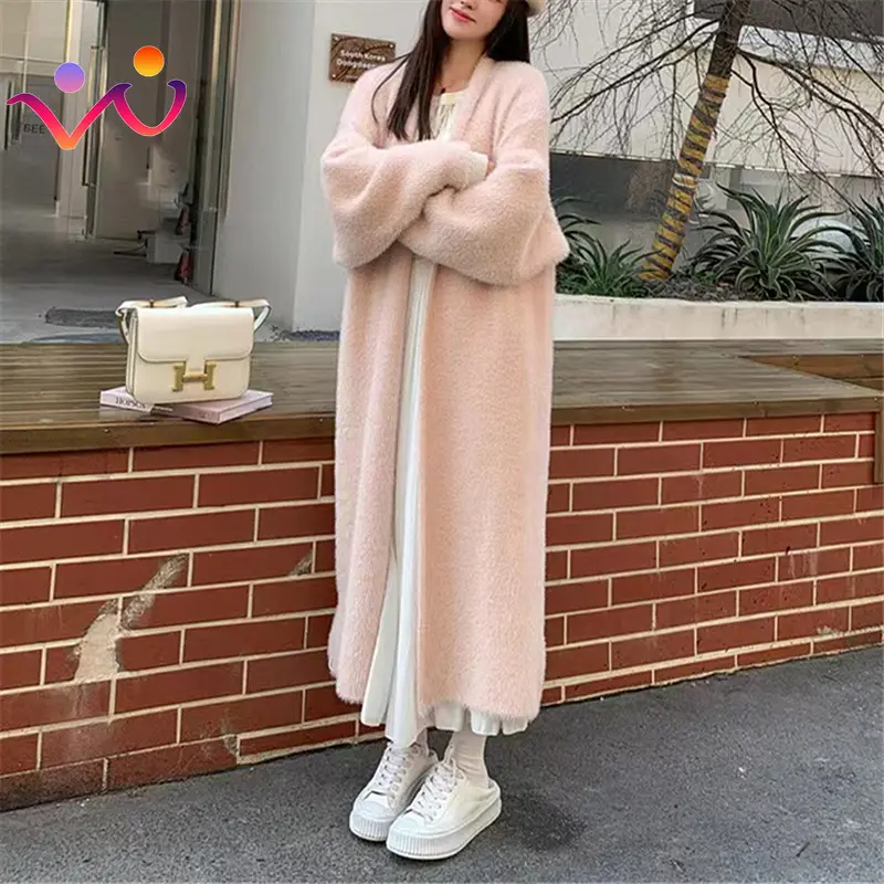 Suéter de Cachemira de manga larga esponjoso blanco, abrigo, estilo Clotkorean, cárdigan LARGO DE PUNTO Vintage cálido para mujer, ropa de invierno 2023