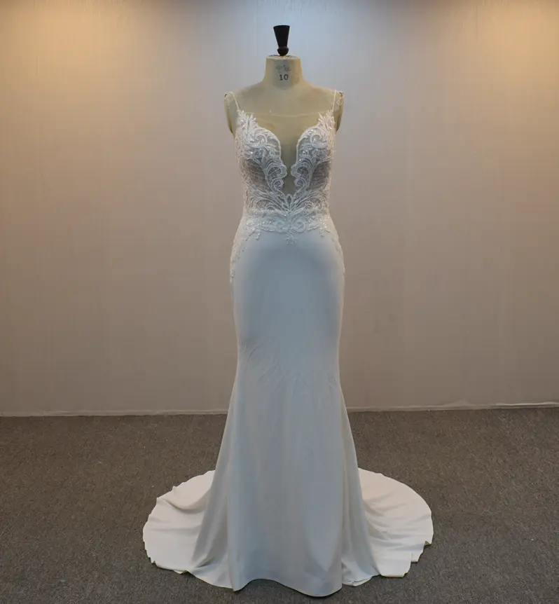 Vestido de novia con tirantes finos y cuentas, Sexy, espalda baja, de encaje, crepé, marfil, escote en V, sirena