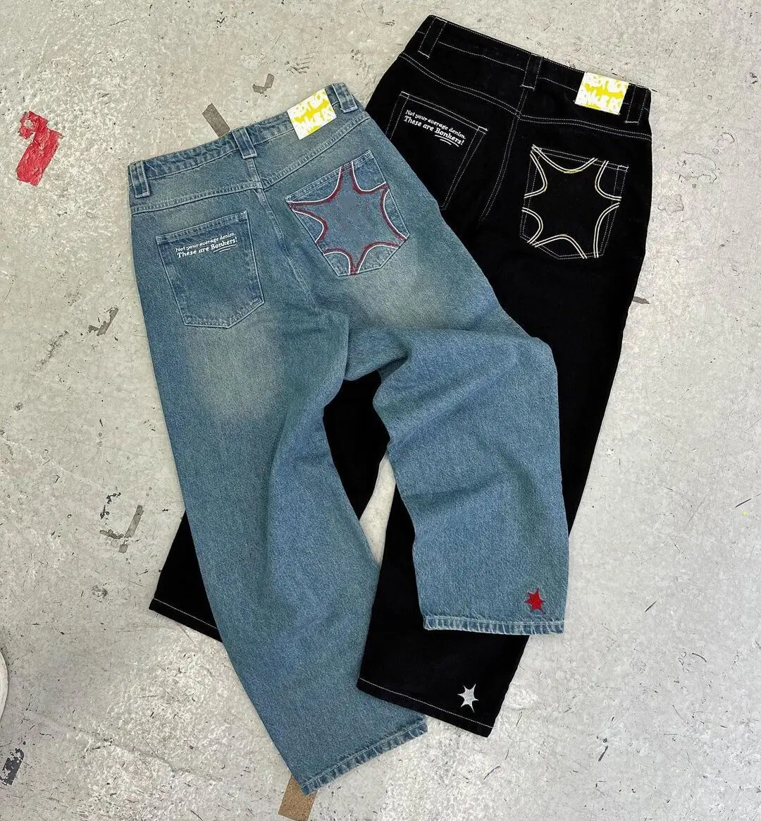Tùy Chỉnh Y2K Người Đàn Ông Của Thư In Denim Jeans Với Thêu Vá Thẳng Jean Lỏng Baggy Đường Phố Retro Quần