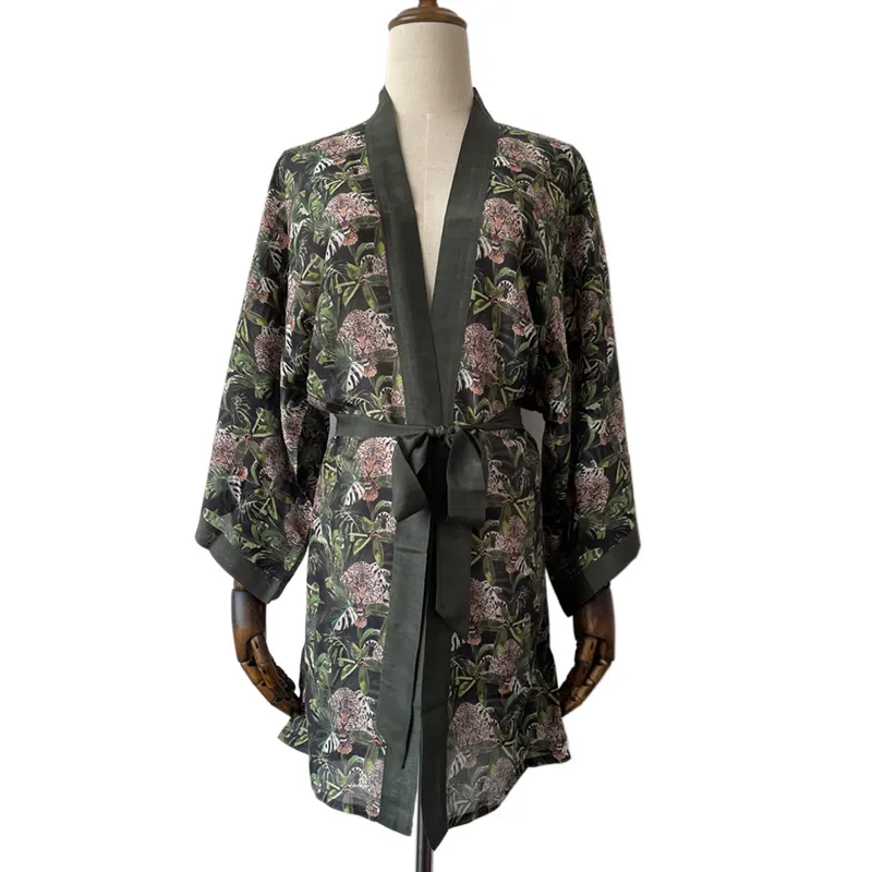Wholesale small order qty custom designs made silk kimono cardigan short robe cover up dress for women