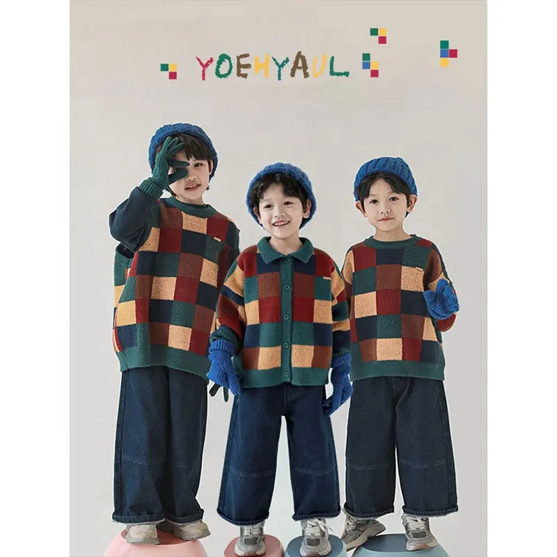YOEHYAUL colorido Plaid bebé niños Chaleco de invierno suéter para niños al por mayor pulóver niños pequeños cárdigan de punto suéter