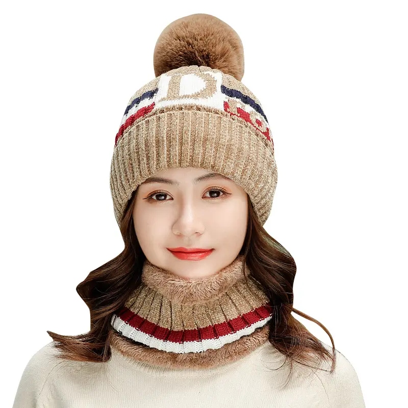 H28 Mulheres Inverno Tricô Chapéus Lenços Set Engrossar Gorros Chapéu Carta Impressão Quente Malha Cap