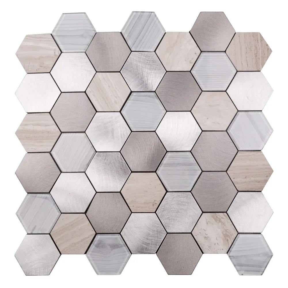 Hexagonal Mosaico De Vidro e Casca e da Vara de Madeira Cinza Telha De Pedra Backsplash