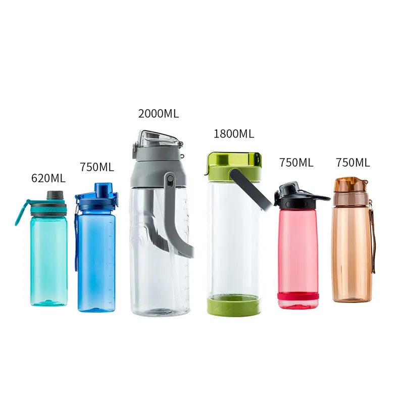 Everich-Botellas de agua de plástico de 2 litros, 750ml, libre de BPA, material de tritán respetuoso con el medio ambiente con un clic, tapa abatible superior a prueba de fugas