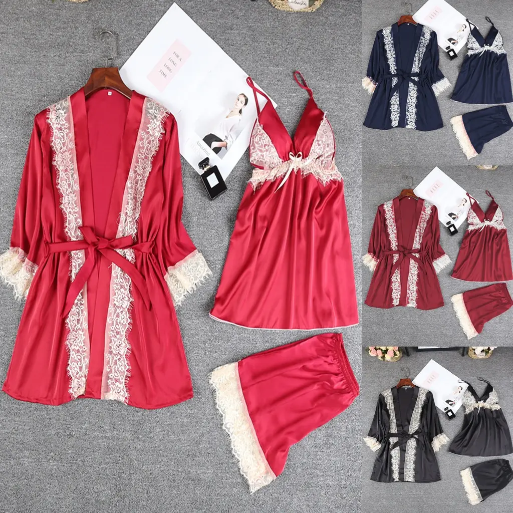 X2349 – Robe de nuit en Satin à bordure en dentelle douce, ensemble Kimono + gilet + short, Sexy, pour la nuit