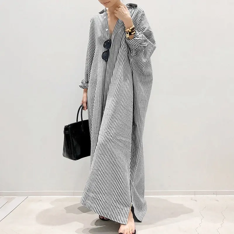 Koreanische Mode Langarm Loose Plus Size Shirt Kleid Leinen Baumwolle Vertikale Streifen Maxi Gerade Kleider für Damen