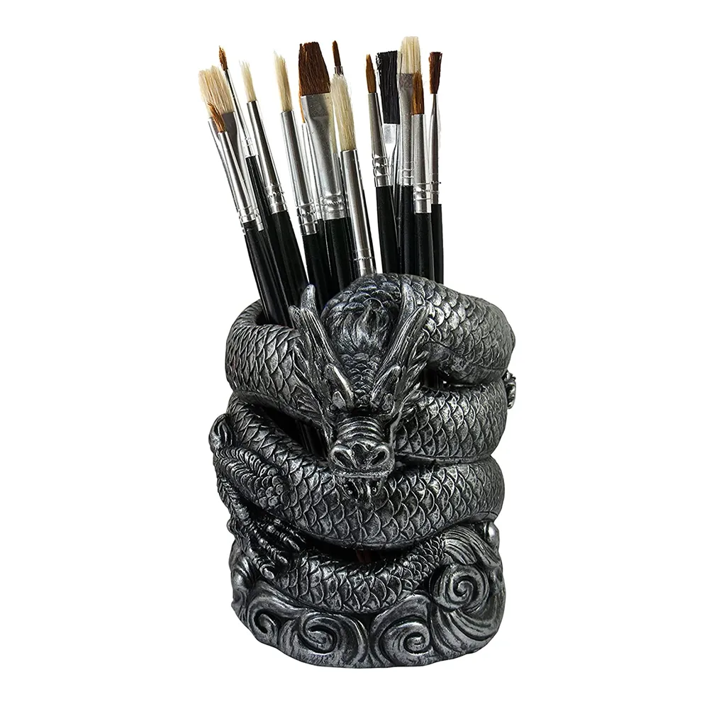 Pewter-Soporte de pluma de escritorio, organizador de bolígrafos de resina, dragón chino