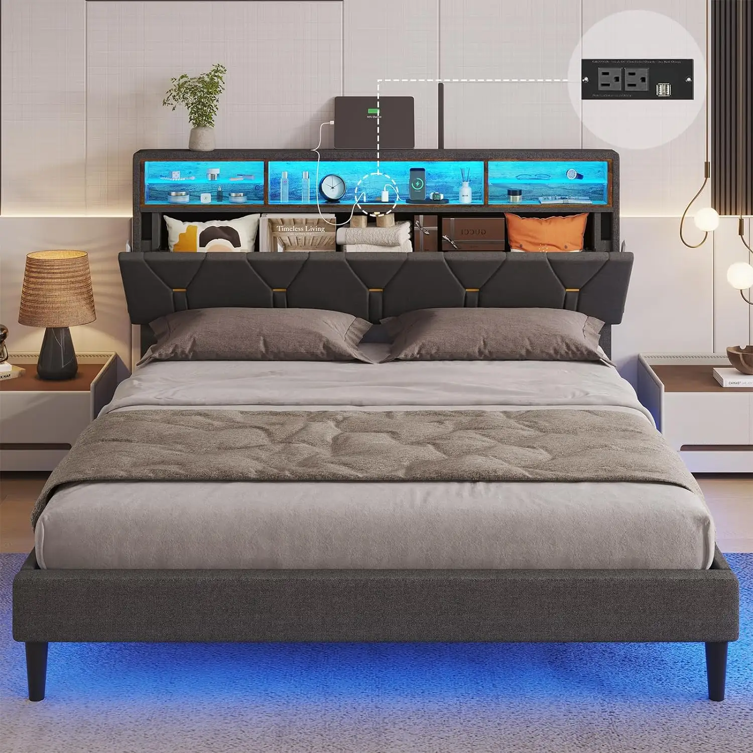 Neues Modell Bett Design King-Size-Schlafzimmermöbel mit Ablage und verschiedenen LED-Lichtern Farbe für das Bett