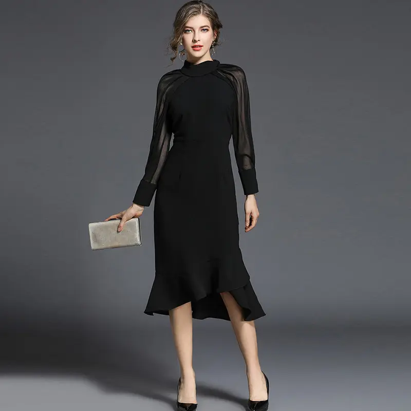 Spring Autumn Black Fashion Elegant Long Sleeve Slim Mermaid Semi-formal Midi Dresses