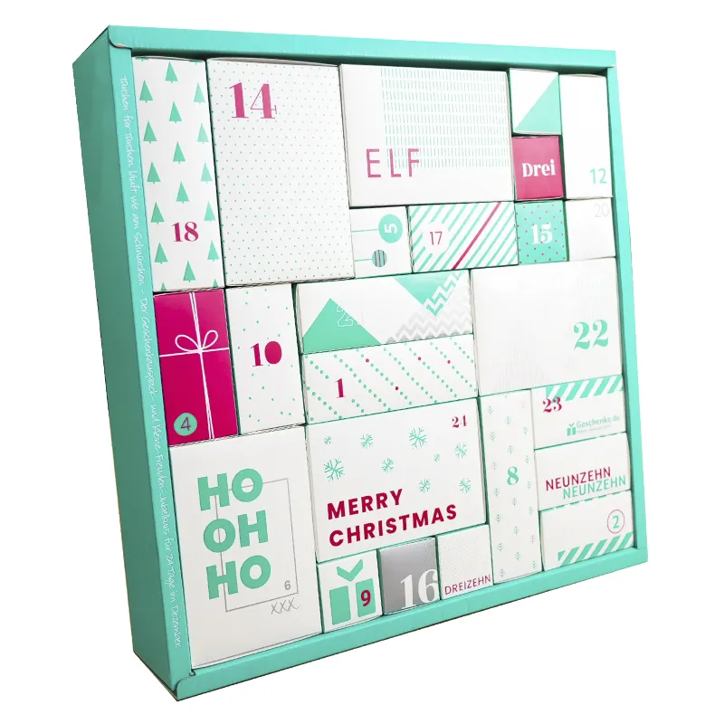 Kotak papan kertas putih dan hijau 24 hari kotak kalender kedatangan kemasan hadiah Natal dengan laci