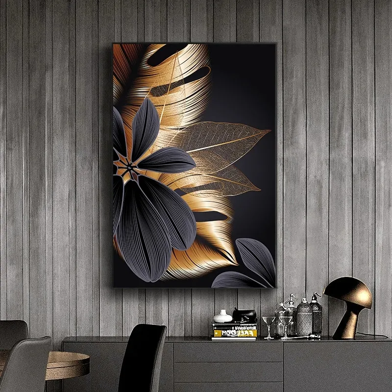 Quadro com folhas de planta dourada, tela preta com impressões para decoração abstrata de parede, imagem de sala de estar, decoração de parede e quadros