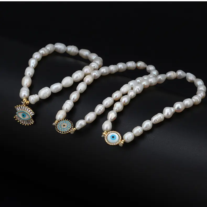 Baroque Freshwater Beads CZ Evil Eyes Charm Bracelet Gold Plating Full Zircon Hand Eyes Pearl Bracelet