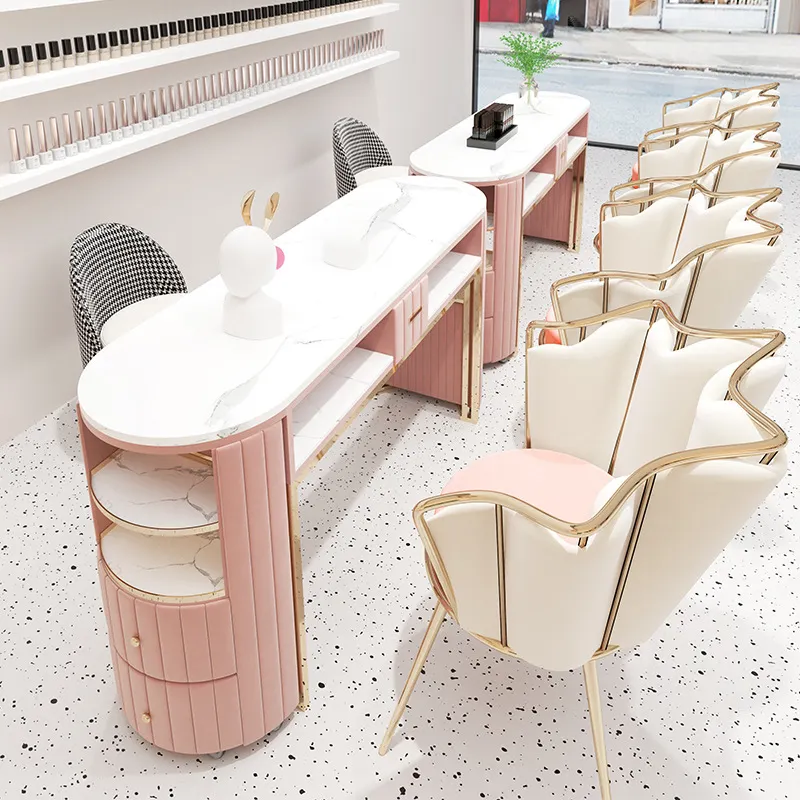 Table rose de manucure d'ongle de style moderne avec dessus en marbre bon marché de salon avec rangements