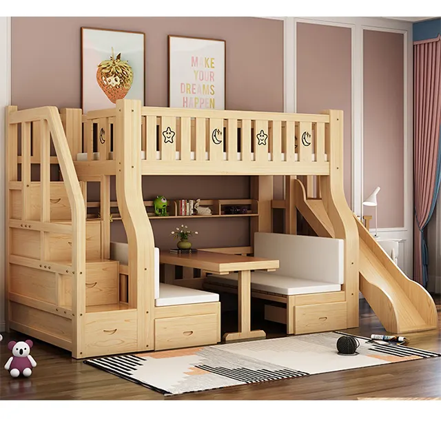 أطفال أثاث خشبي مجموعات سرير خشبي دورين مزود بطاولة قابل للتعديل غرفة نوم سرير بطابقين للبيع