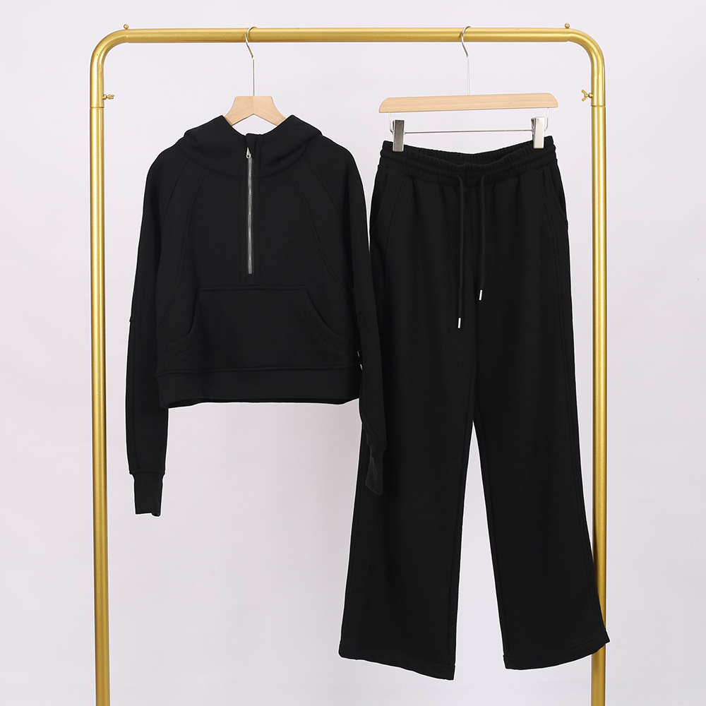 Black hooded half-pull sweat pants set
