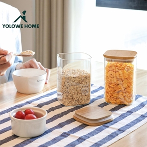 YOLOWE家用现代玻璃厨房罐，带竹盖台面食品储物罐和容器