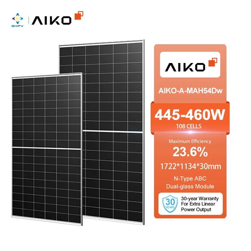 ชั้นที่ 1 Aiko แผงโซลาร์เซลล์ N-Type Abc โมดูลกระจกคู่แผงโซลาร์เซลล์ 445W 450W 455W 460W แผงโซลาร์เซลล์สําหรับระบบพลังงานแสงอาทิตย์