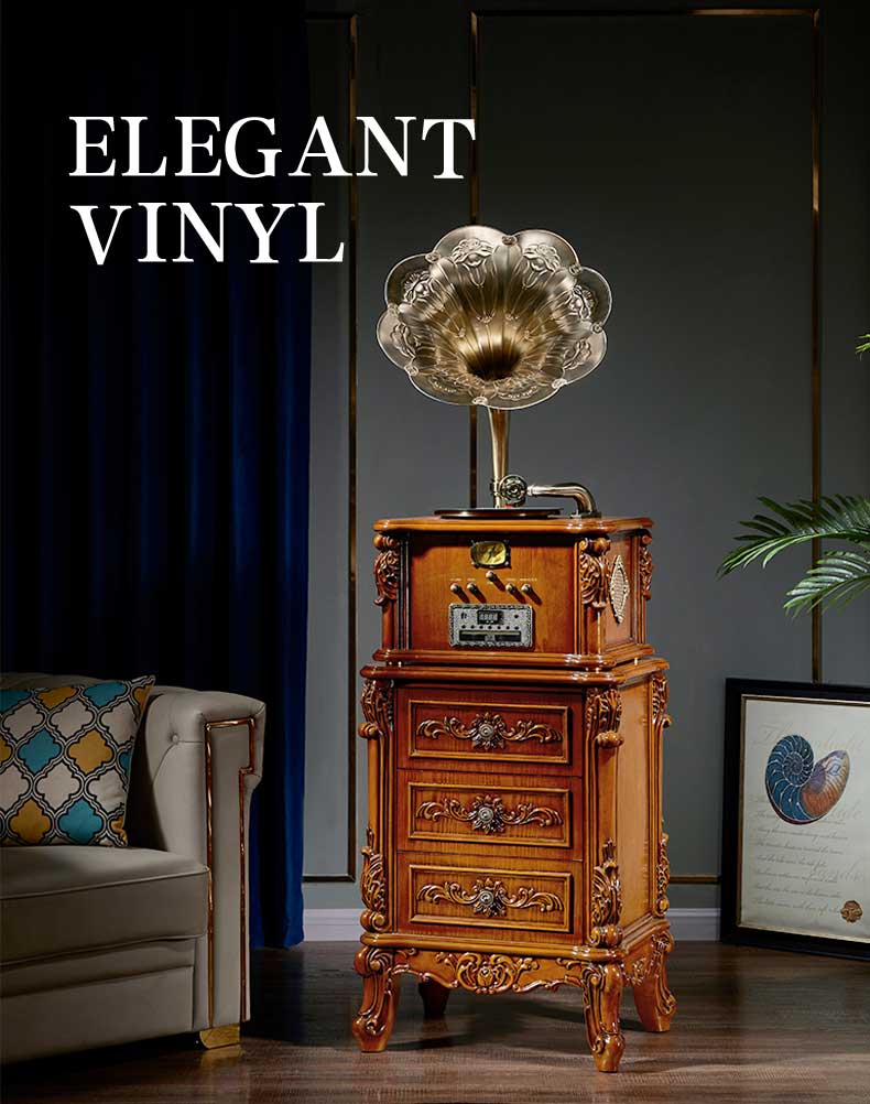 vintage design Wooden desktop record player vinyl and gramophon turntable phonograph in western style restaurant
