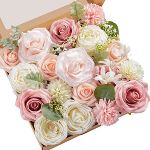 人造花<span class=keywords><strong>DIY</strong></span>婚礼花束蛋糕装饰混合玫瑰组合腮红粉色和白色花朵摆件