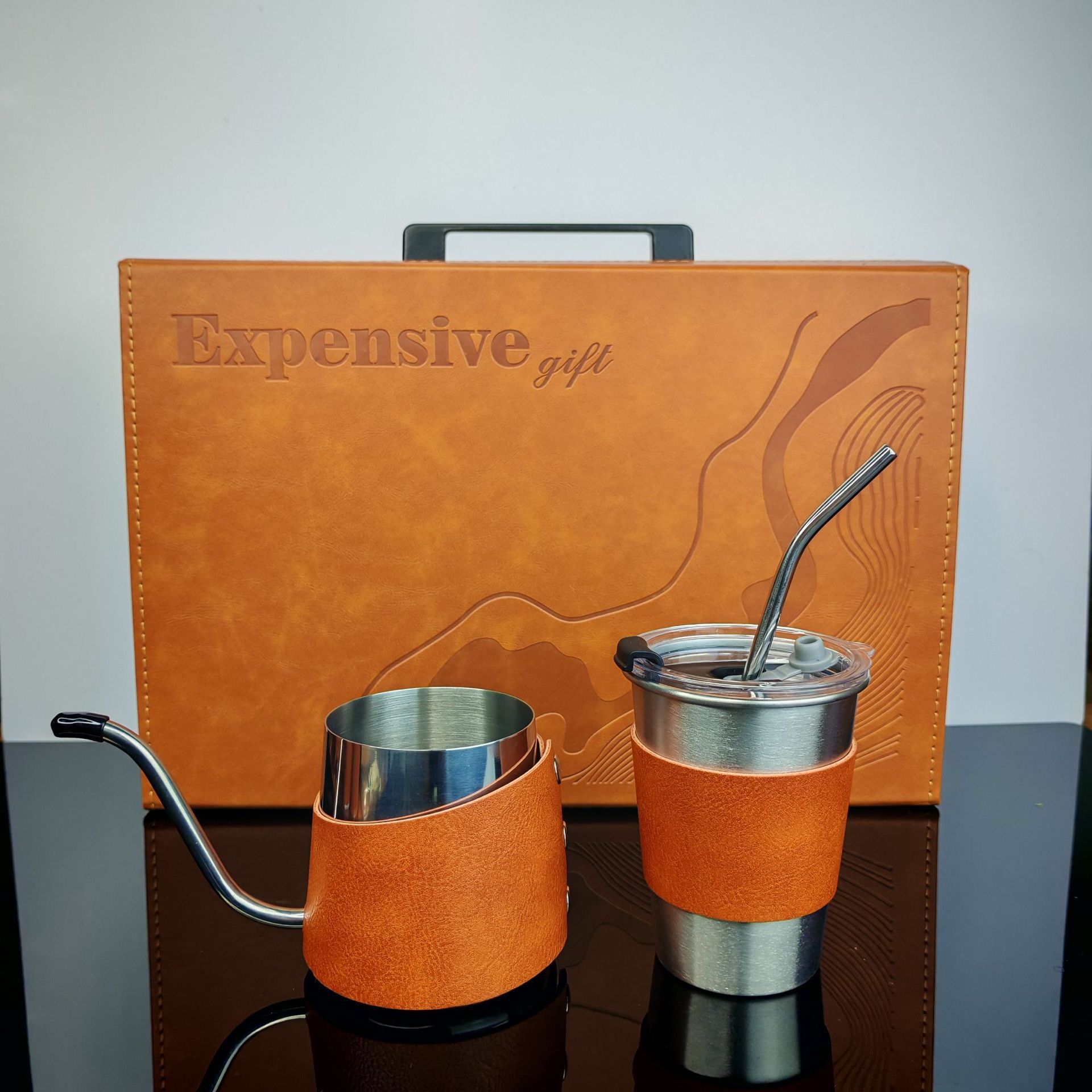 Gift box set-leather gift box-350ml hand pot-350ml coffee cup