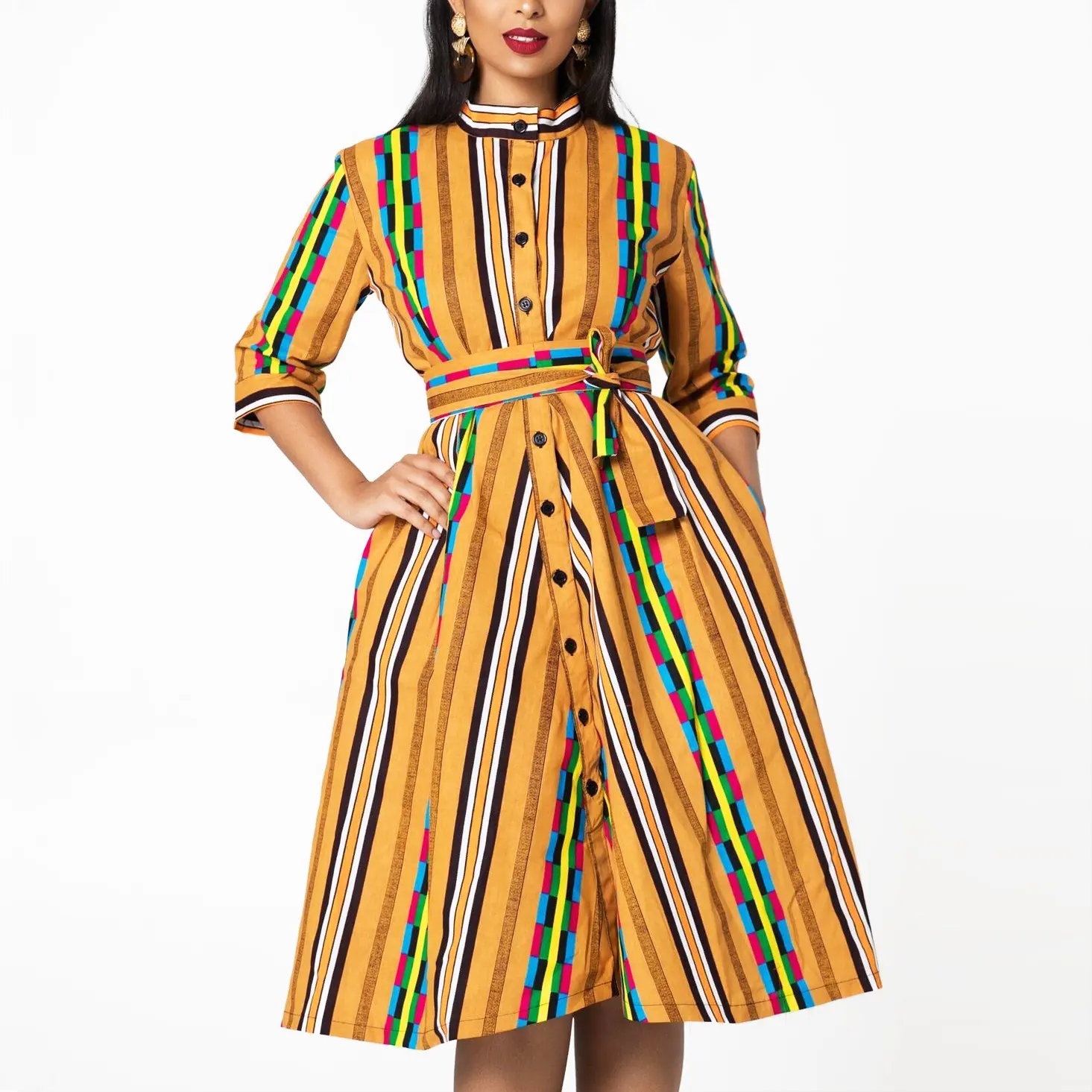 Ropa africana para mujer, vestido Kitenge con estampado a rayas verticales, diseños de moda, fábrica de ropa china