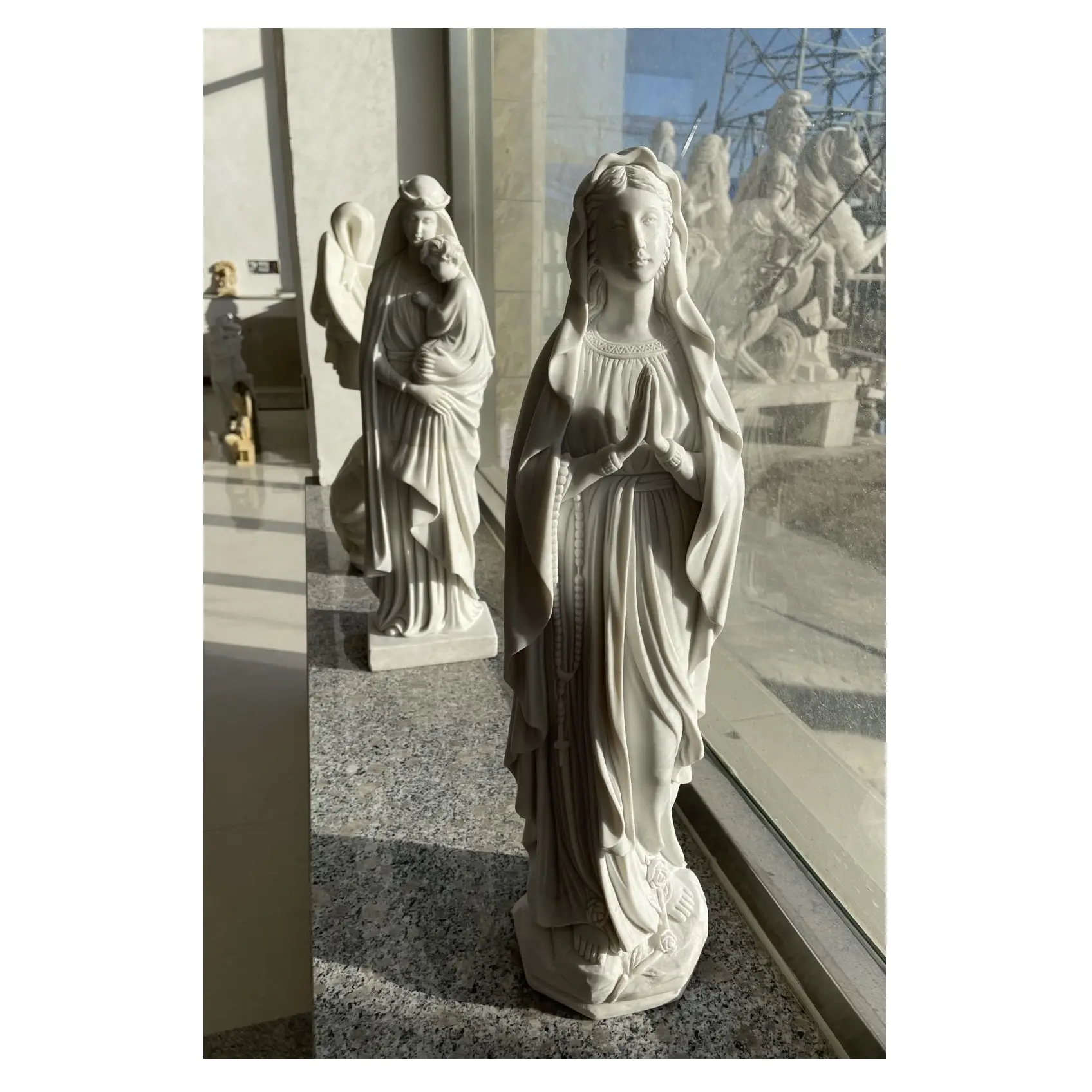 Estatuas de mármol blanco de la Virgen María, moldes de 12 pulgadas para la casa, venta