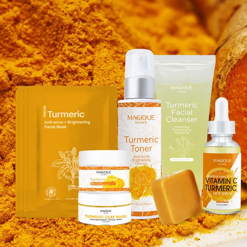 Private Label Vegan Skincare Facial Wash Tumeric Soro Creme Anti Acne Tratamento Orgânico Whitening Cúrcuma Skin Care Set (novo)