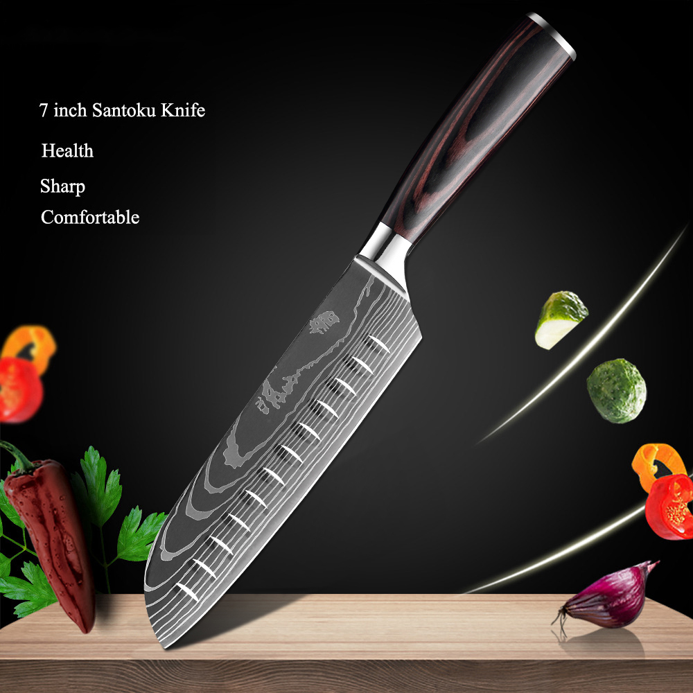 Santoku 7 pouces avec manche en bois coloré