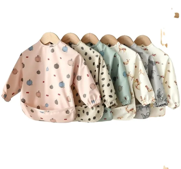 MU 6-24 Mois Nourrisson Toddlers Sevrage Imperméable Alimentation Manches Longues Smocké Tablier Bavoir Bébé Bavoirs À Manches Longues Avec Poche