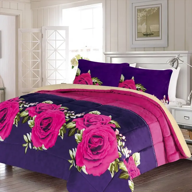 High Quality 3 Piece Wedding Rose Custom Flannel Sherpa Fabric Borrego King Size Comforter Set Bedding Luxury Set