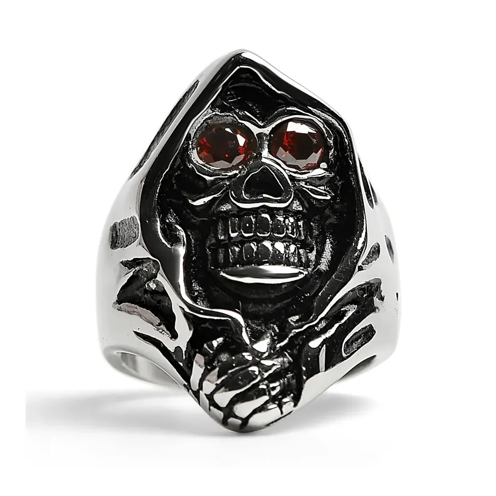 Gioielli all'ingrosso di alta qualità in acciaio inossidabile rosso CZ occhi Grim Reaper anello per uomo qualità Premium alta richiesta