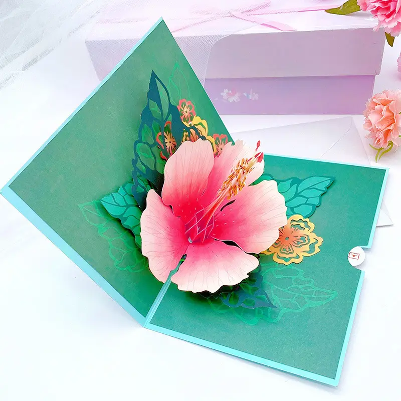 Cartões de papel pop up para envelopes, flor peônia buquê 3d popup cartões de visita com cartão de nota e envelope