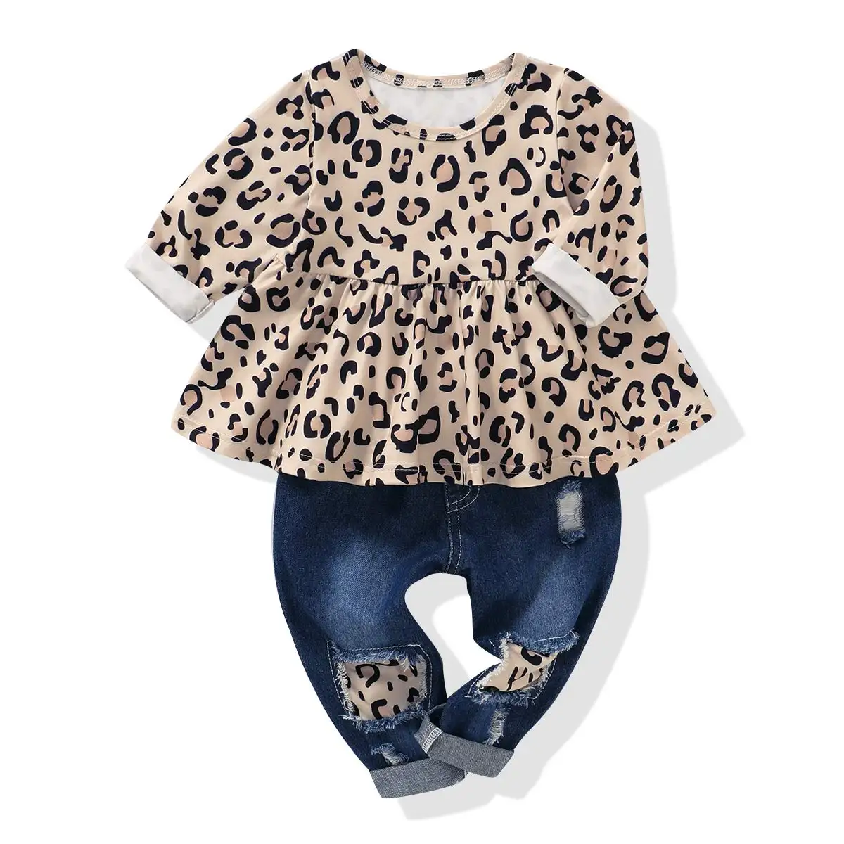 Set di abbigliamento per bambina all'ingrosso all'ingrosso nuovo bambino Set 2 pezzi Set di vestiti per ragazze in stoffa autunnale a maniche lunghe in cotone stampato leopardo