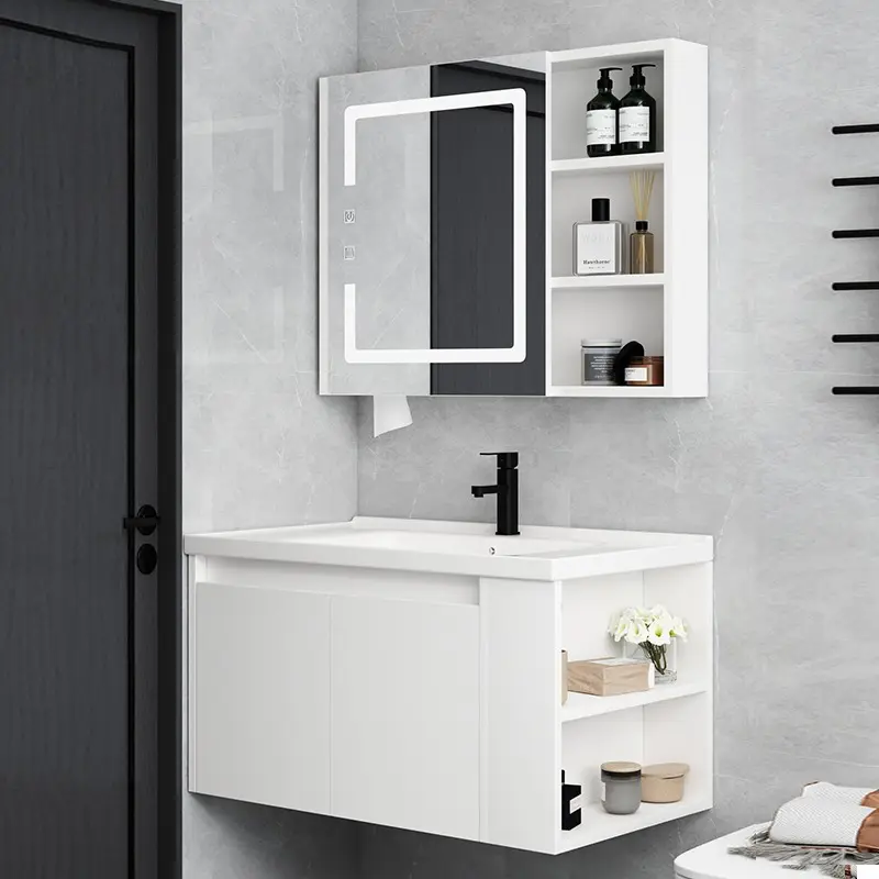 Yüzer Vanity lavabo ayna sayacı katı ahşap banyo dolabı, banyo havzası dolap led'i mermer su geçirmez Modern otel CN;GUA