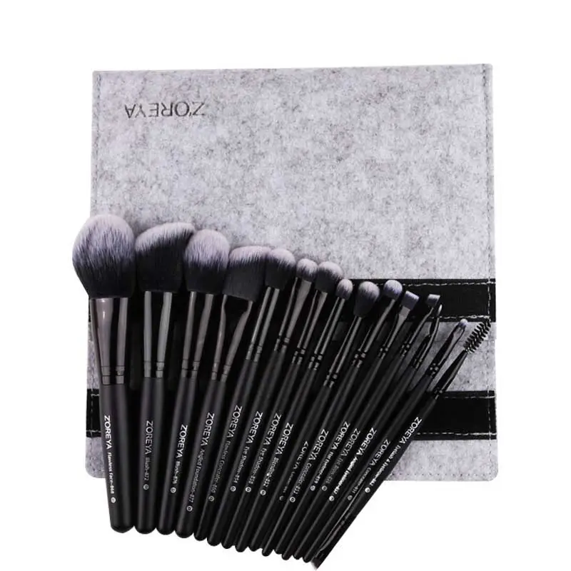 ZOREYA Professional maquillaje Black Make up brush set 15pcs Synthetic Kabuki Foundation Blending makeup brush Kit