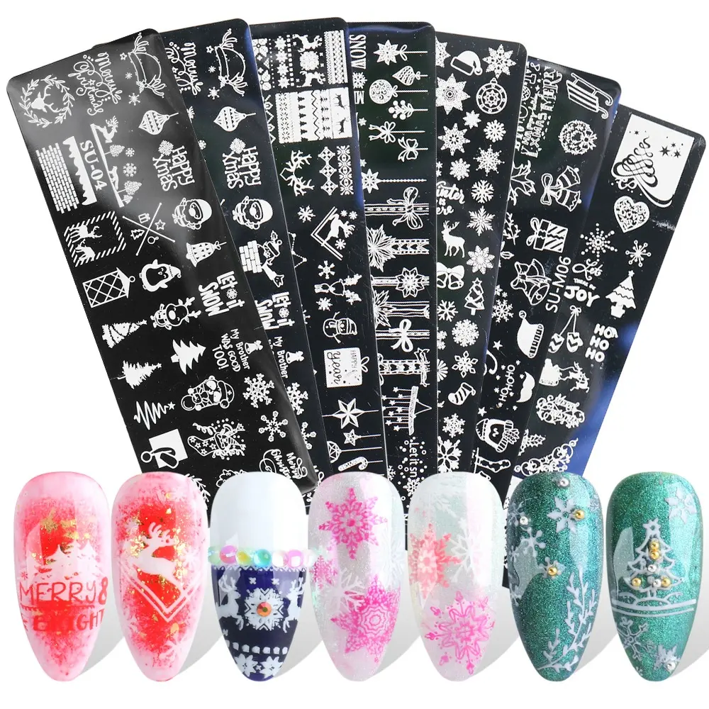 6 diseños 12*4cm Retro Navidad Nail Art plantillas estampado placa copo de nieve Animal sello plantillas placa imagen decoración herramientas