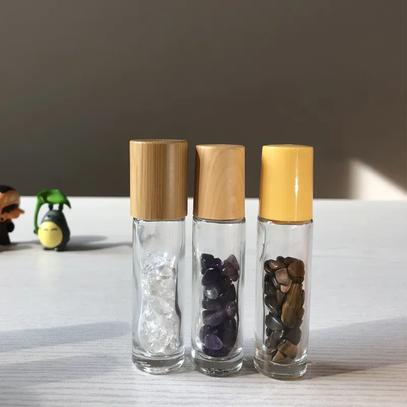 Großhandel Jade Roller 10ml Natur Quarz Kristall Auge Gesichts massage Tumble Bead Kies Öl Parfüm Glasflasche