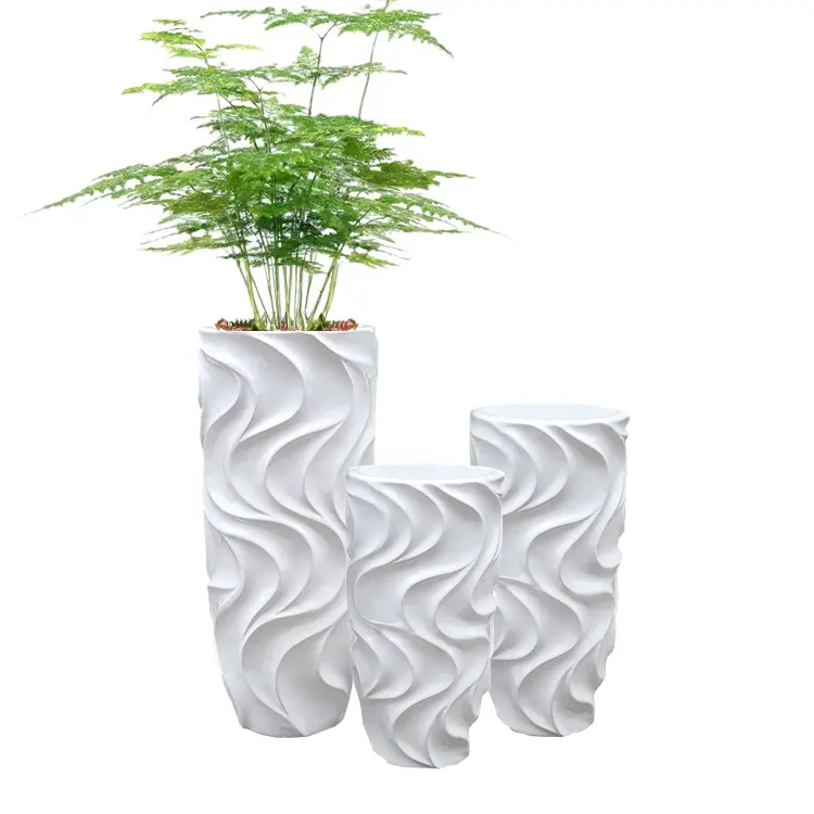 経済的なカスタムデザインホワイトウェーブデザイングラスファイバー植木鉢豪華な花の装飾的な花瓶