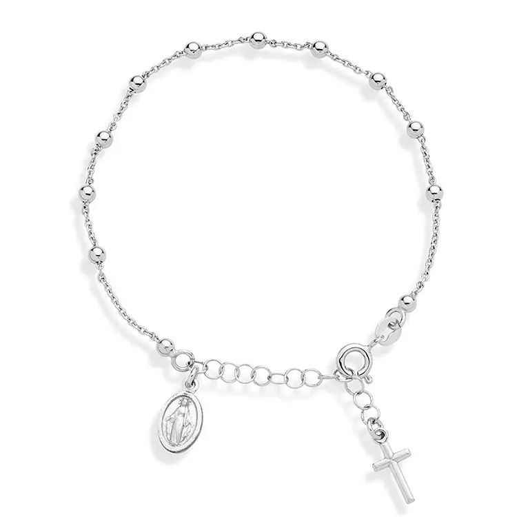 925 Sterling Silver Rosary Cross Bead Link Chain Charm Jewelry Bracelet for Women Teen Girls