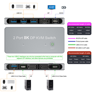 A108 8K 60Hz 4K 144Hz <strong>2</strong> Port <strong>KVM</strong> <strong>Switch</strong> 2x1 DP <strong>2</strong>.<strong>1</strong> Switcher <strong>2</strong> <strong>Input</strong> <strong>1</strong> <strong>Output</strong> Support Led Indicator <strong>2</strong> in <strong>1</strong> Out USB 3.0 <strong>KVM</strong> <strong>Switch</strong>