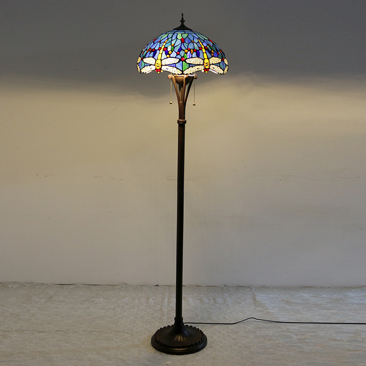 LongHuiJing Dragonfly Tiffany Styled Floor Lamp 16 inch Wide 2-Light Double Chains Stained Glass Shade Antique Base Decor Lights