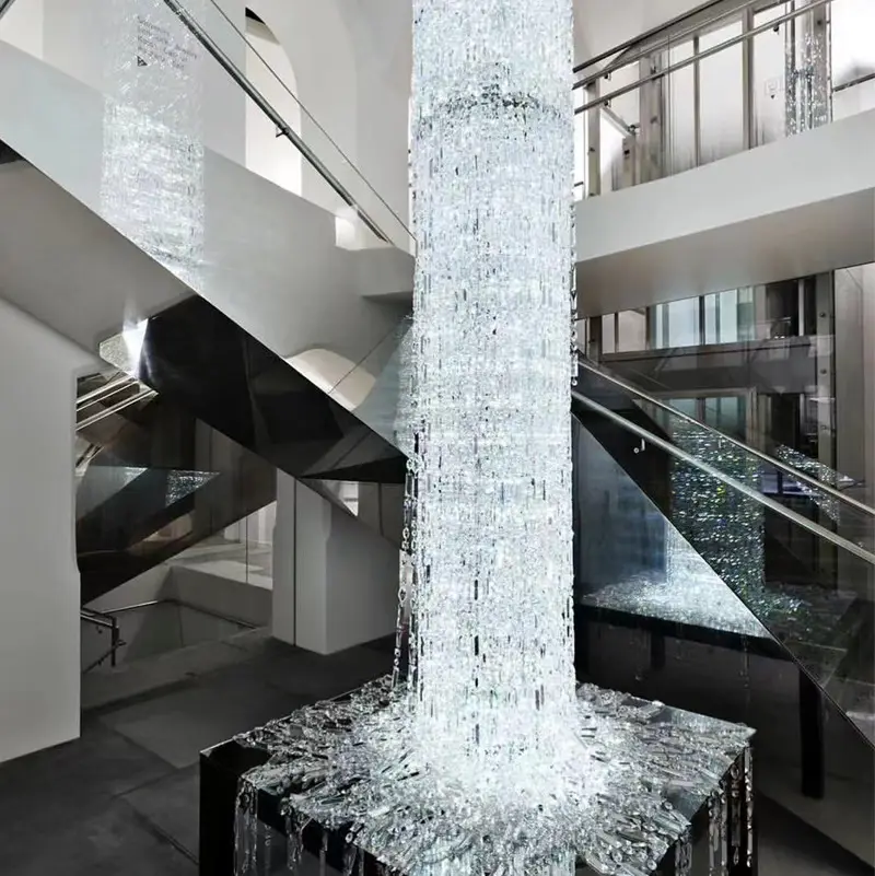 Custom Size Large Chrome Long Modern Crystal Spiral LED Stairs Chandelier