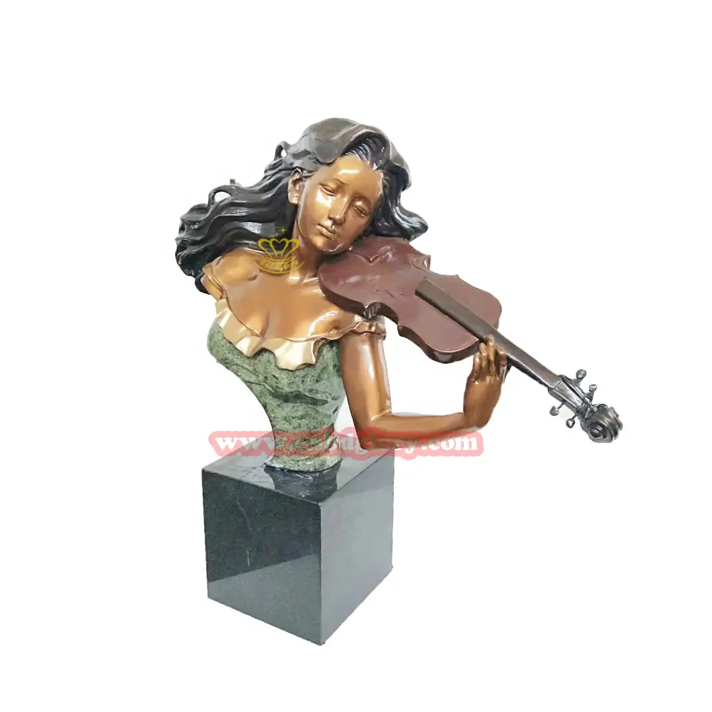 Music theme Hotel living room Figurine decoration design metal art sculpture Bronze Lady Playing The Violin Bust Statue