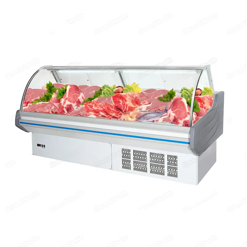 Display a base di carne di supermercato in vetro curvo a basso prezzo frigorifero refrigerato per vetrina