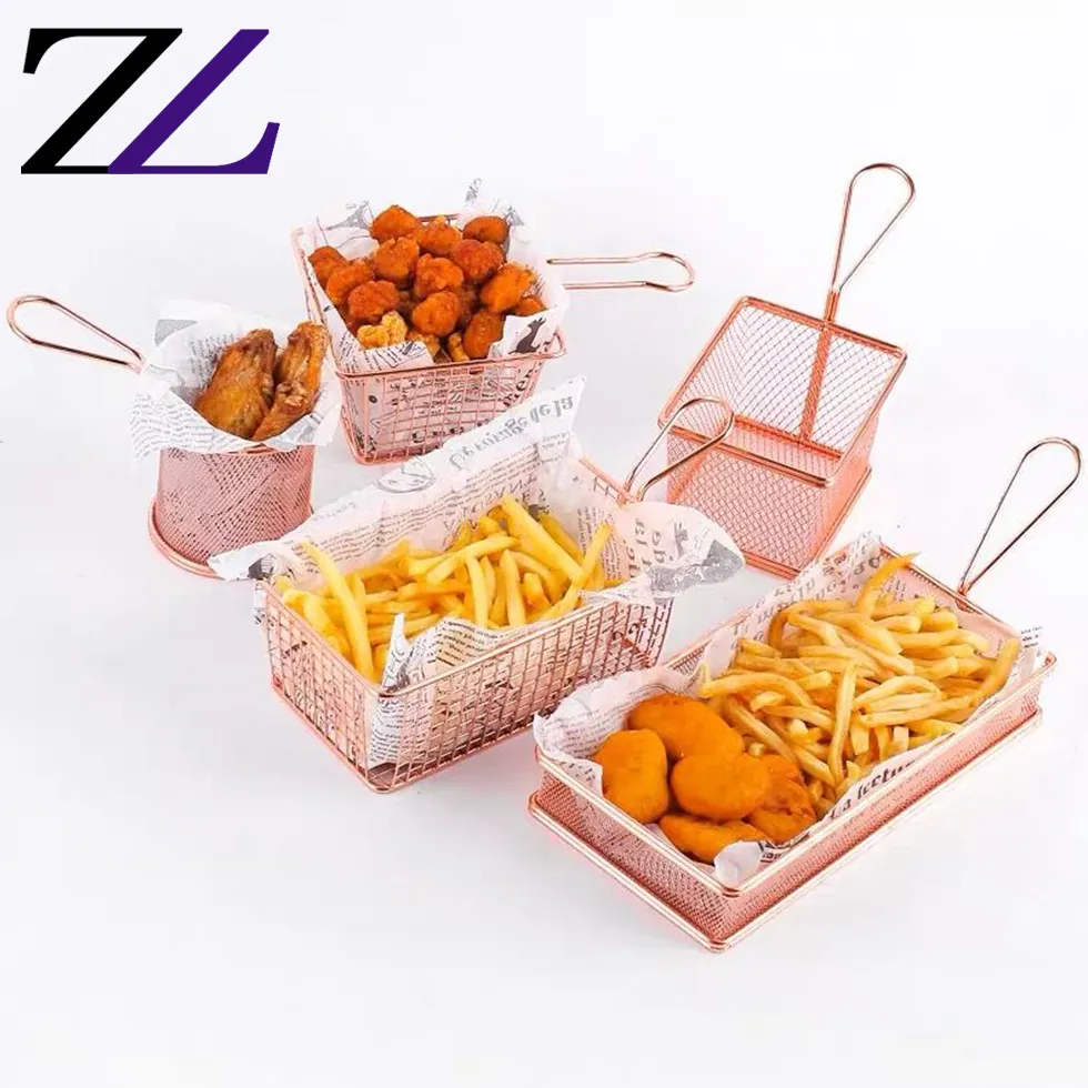 Cestas para servir comida rápida Acero inoxidable oro rosa comercial pollo ala mini cono alambre freidora patatas fritas cesta mini