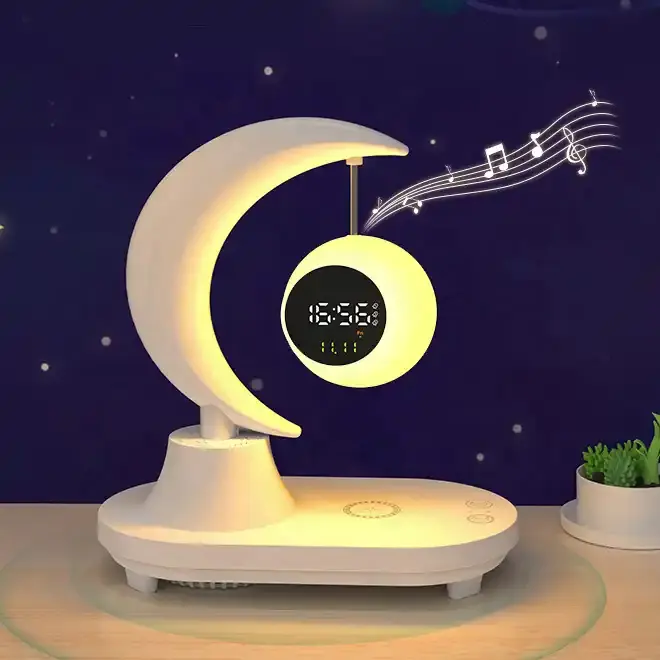 공장 사용자 정의 Muti 색상 블루투스 스피커 알람 시계 LED 조명 침실 야간 테이블 램프 무선 충전 야간 조명